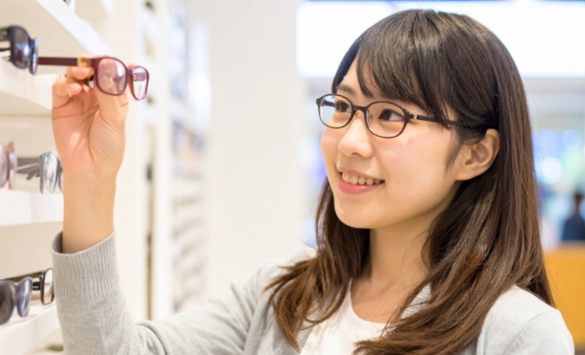 眼鏡店で品物を選ぶ女性