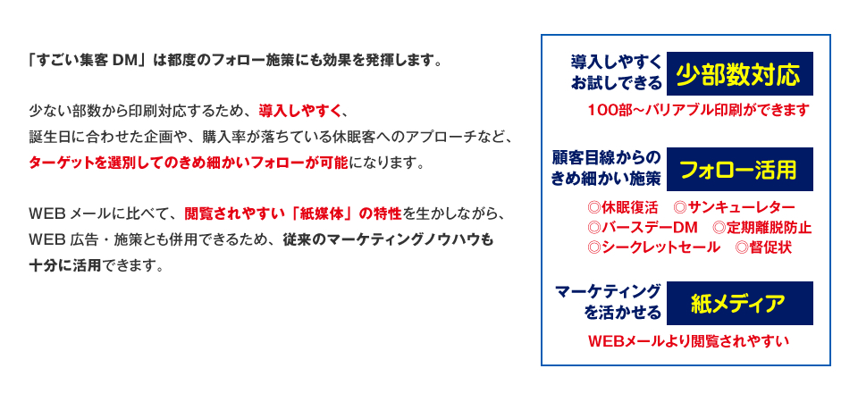 100部から印刷対応でき、従来ノウハウも活用できるからフォロー施策にも効果を発揮します